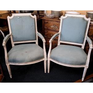 Pair Of Louis XVI Period Armchairs With Flat Backs In Painted Wood.