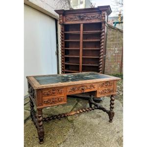 Louis XIII Style Desk And Cardboard Set In Carved Oak 