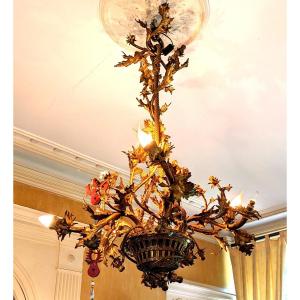 Large Art Nouveau Gilt Bronze Chandelier, Thistle Model. Height: 120 Cm