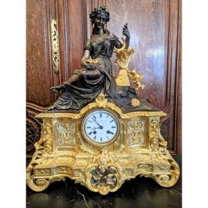 Napoleon III Clock In Gilded And Patinated Bronze Allegory Of The Harvest, Two Matching Candlesticks