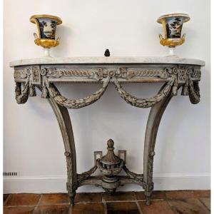 Louis XVI Style Console Table In Painted Wood, Half-moon Shape, 19th Century.