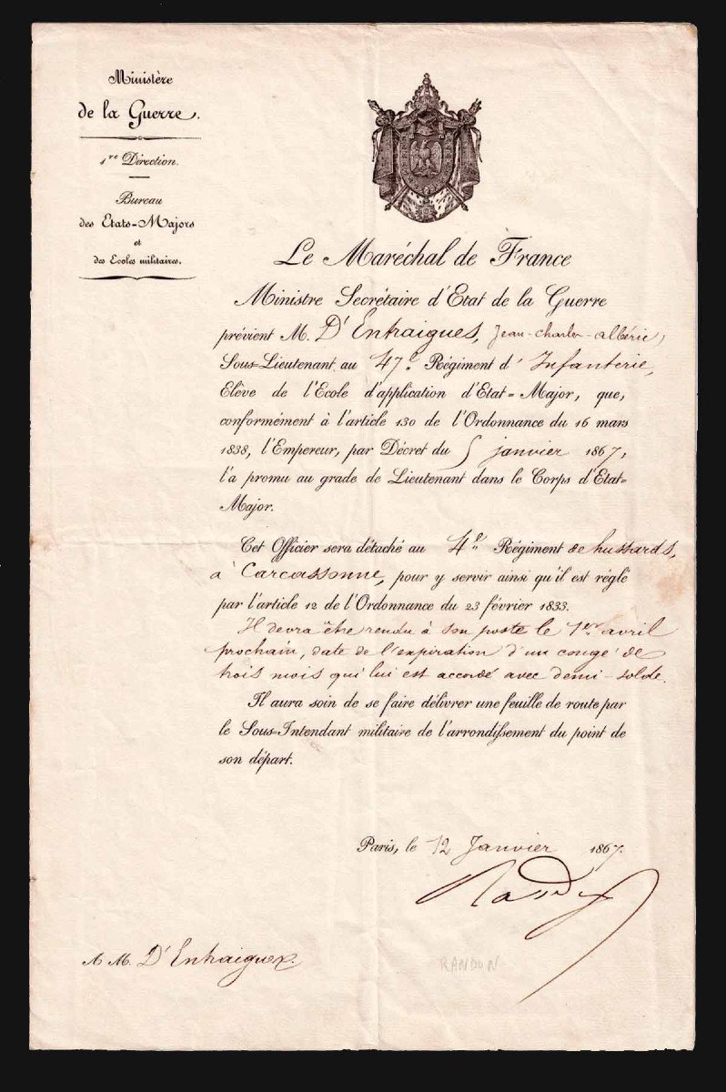 Appointment To The Grade Of Lieutenant Mr D’entraigues 1867 / Marshal Randon