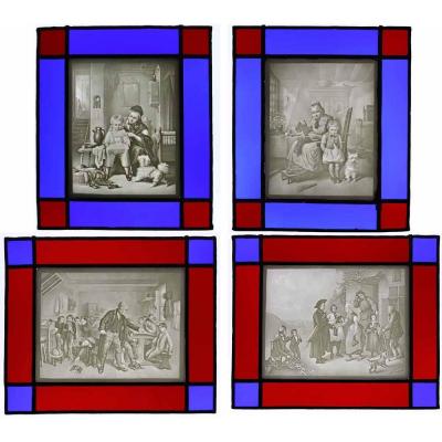 2 PAIRES de LITHOPHANIES vitrail vers 1860