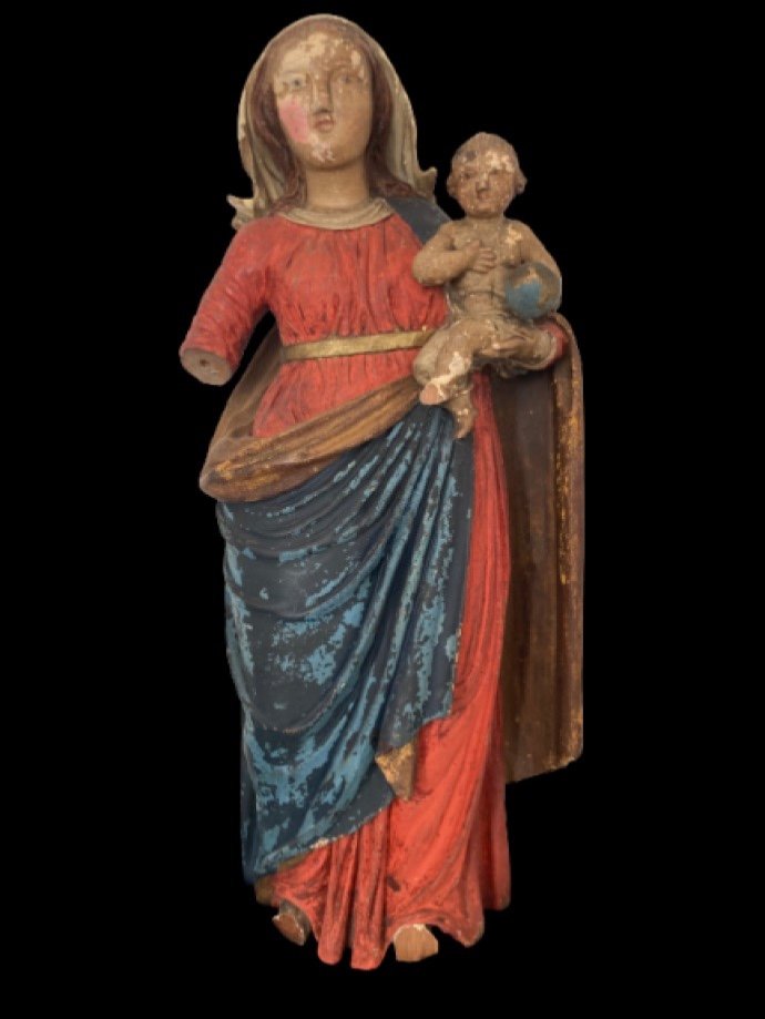 Polychrome Wooden Sculpture Virgin With Child 