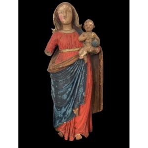 Sculpture En Bois Polychrome Vierge à l'Enfant. Epoque XVIIIe Siècle. 