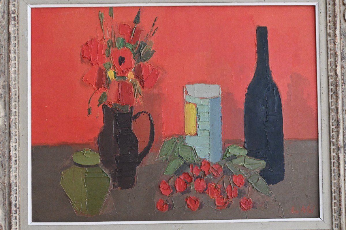 Pierre Palué (1920-2005), Nature Morte Aux Cerises, Huile Sur Toile Signée En Bas à Droite-photo-1