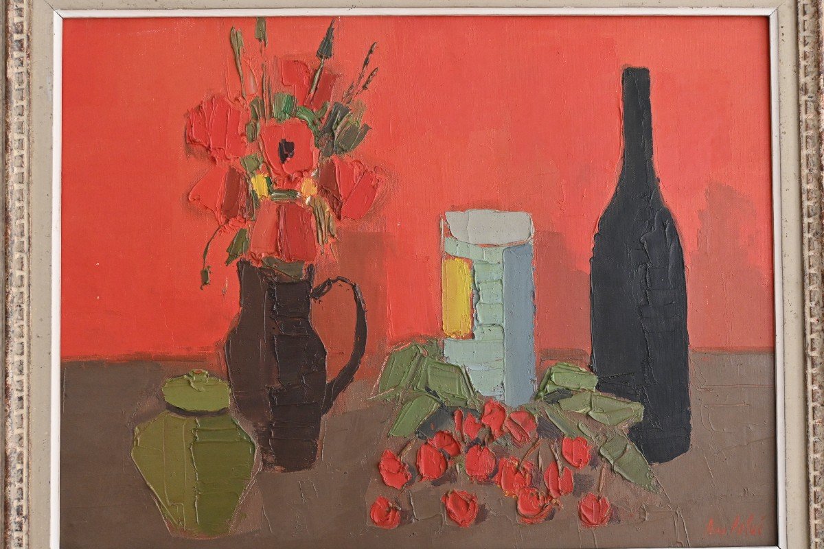 Pierre Palué (1920-2005), Nature Morte Aux Cerises, Huile Sur Toile Signée En Bas à Droite