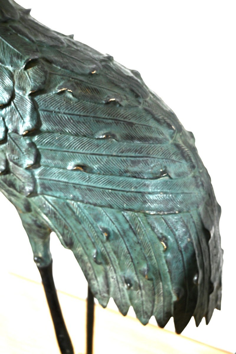 Pair Of Herons In Chiseled Bronze With Green Patina, 20th Century (1960s)-photo-2