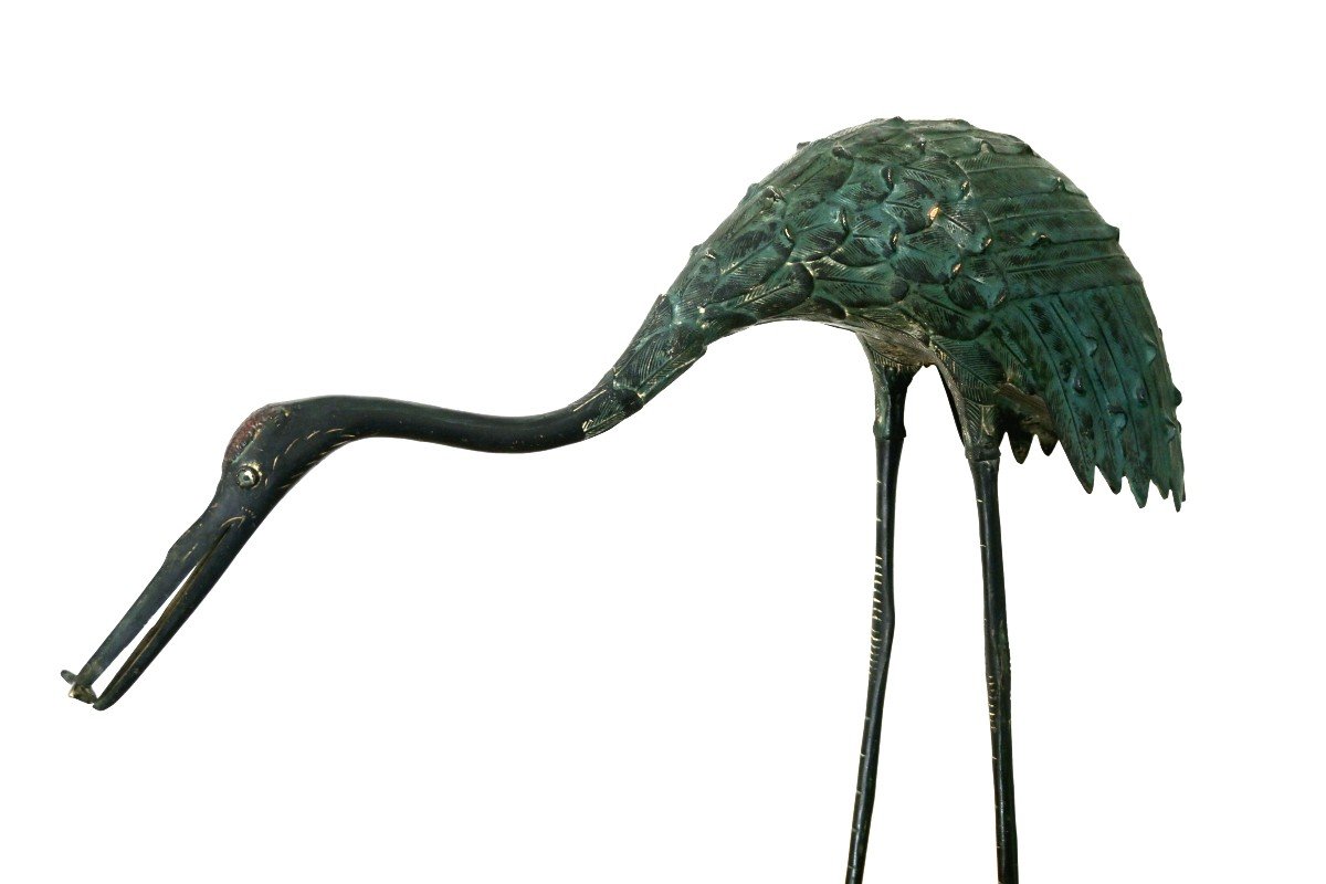 Pair Of Herons In Chiseled Bronze With Green Patina, 20th Century (1960s)-photo-3