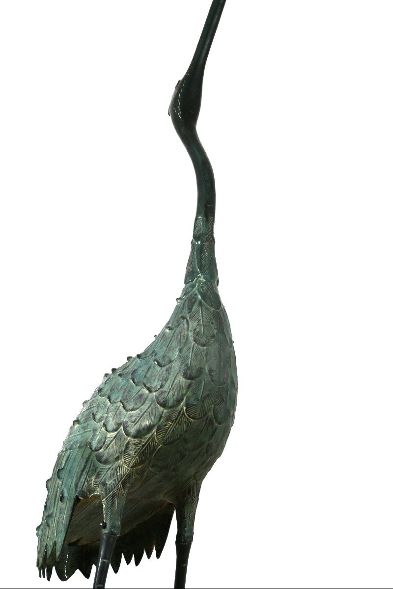 Pair Of Herons In Chiseled Bronze With Green Patina, 20th Century (1960s)-photo-4