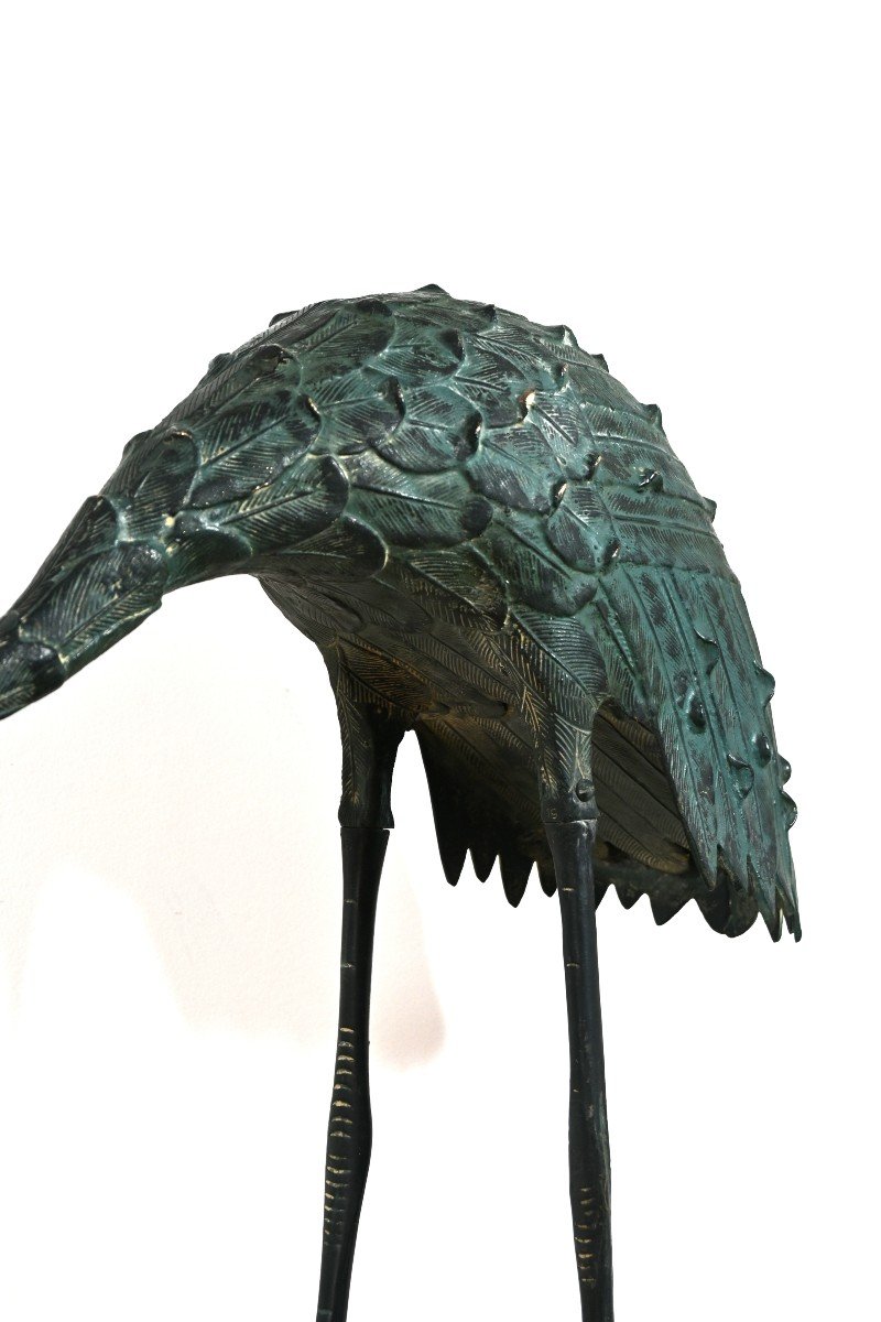 Pair Of Herons In Chiseled Bronze With Green Patina, 20th Century (1960s)-photo-2