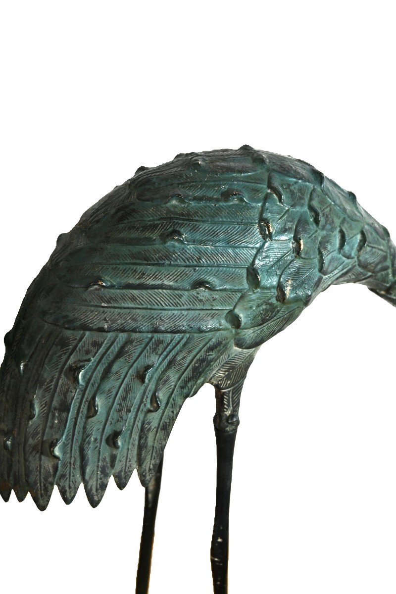 Pair Of Herons In Chiseled Bronze With Green Patina, 20th Century (1960s)-photo-4