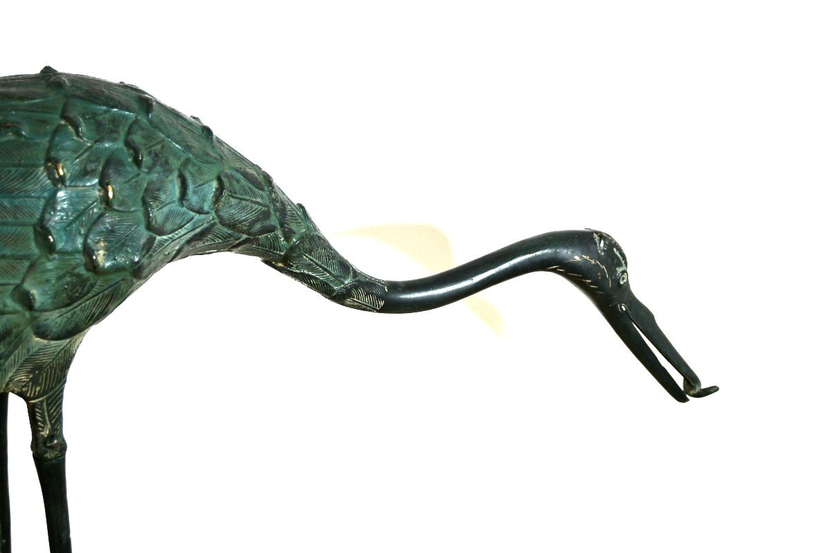 Pair Of Herons In Chiseled Bronze With Green Patina, 20th Century (1960s)-photo-5