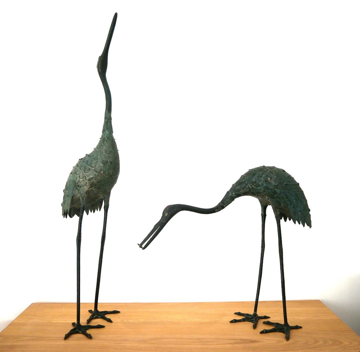 Pair Of Herons In Chiseled Bronze With Green Patina, 20th Century (1960s)