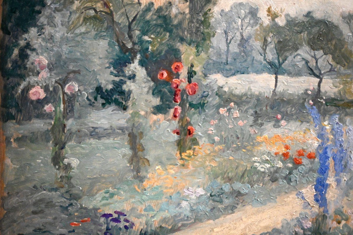 Georges Billaudot (paris, 1868-1951), In The Garden, Oil On Wood Panel, Signed-photo-3