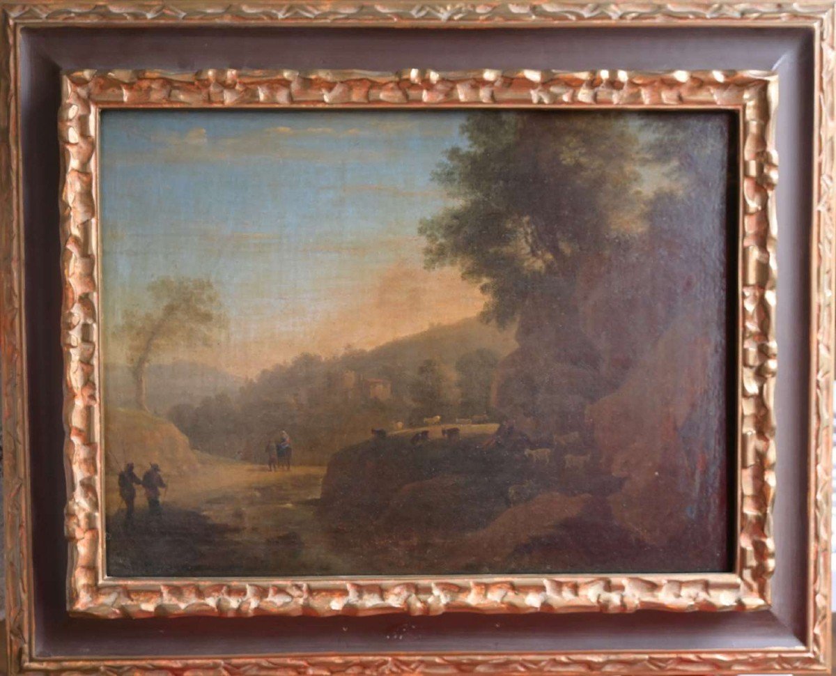 Suiveur de H. Van Swanevelt, bergers et leur troupeau sur un chemin, huile sur toile, vers 1700-photo-3