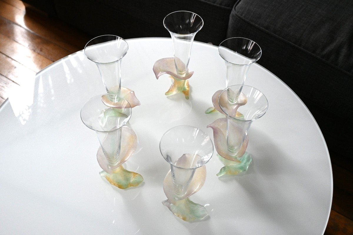 Lot De 6 coupes à champagne aux pieds à décor floral, en cristal de Daum-photo-2