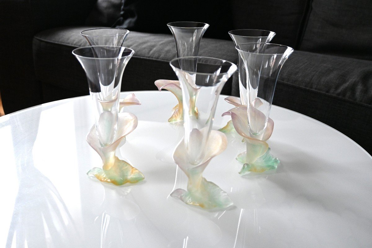 Lot De 6 coupes à champagne aux pieds à décor floral, en cristal de Daum