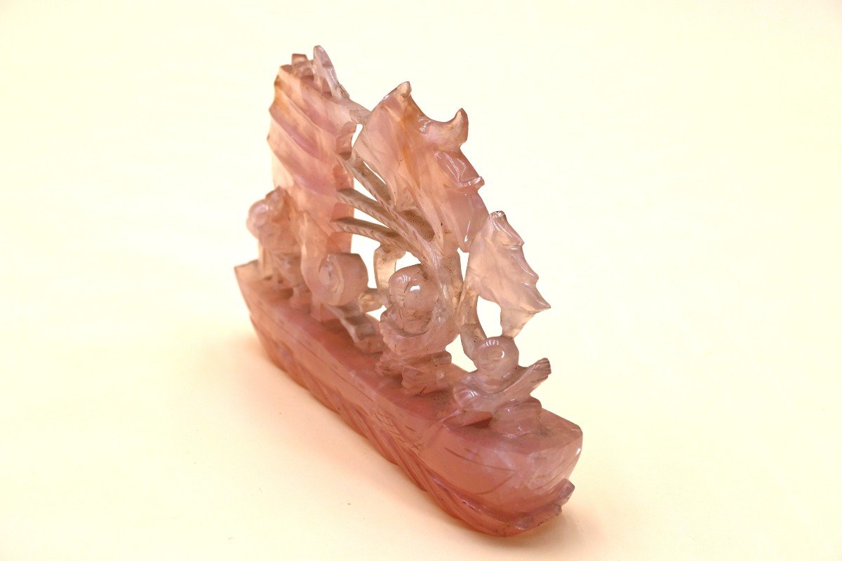 Sculpture en forme de jonque, quartz rose, Chine, XIXe-XXe S. -photo-2