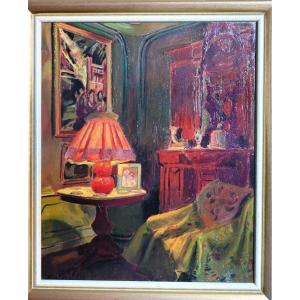  Joseph Lafferriere (1867-1954), Intérieur à la lampe,  huile sur carton signée en bas à gauche