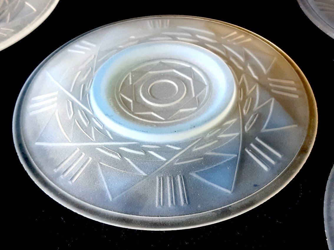 1930 Art Deco 12 Plates Set Modernist Geometric Opalescent Glass Dessert Plates-photo-4