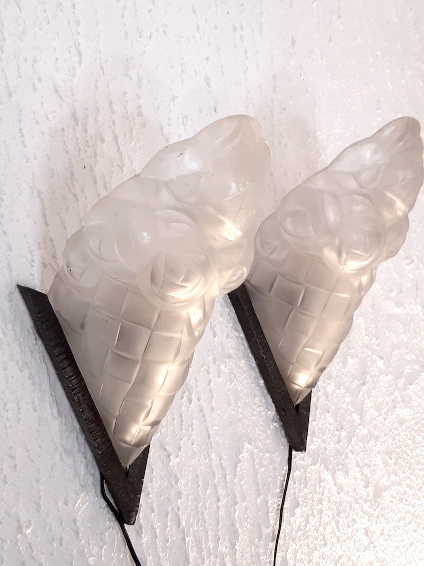 Pair Of Large Art Deco Sconces 1930 Glass Wrought Iron Lamp Art Deco Wall Lamps-photo-4