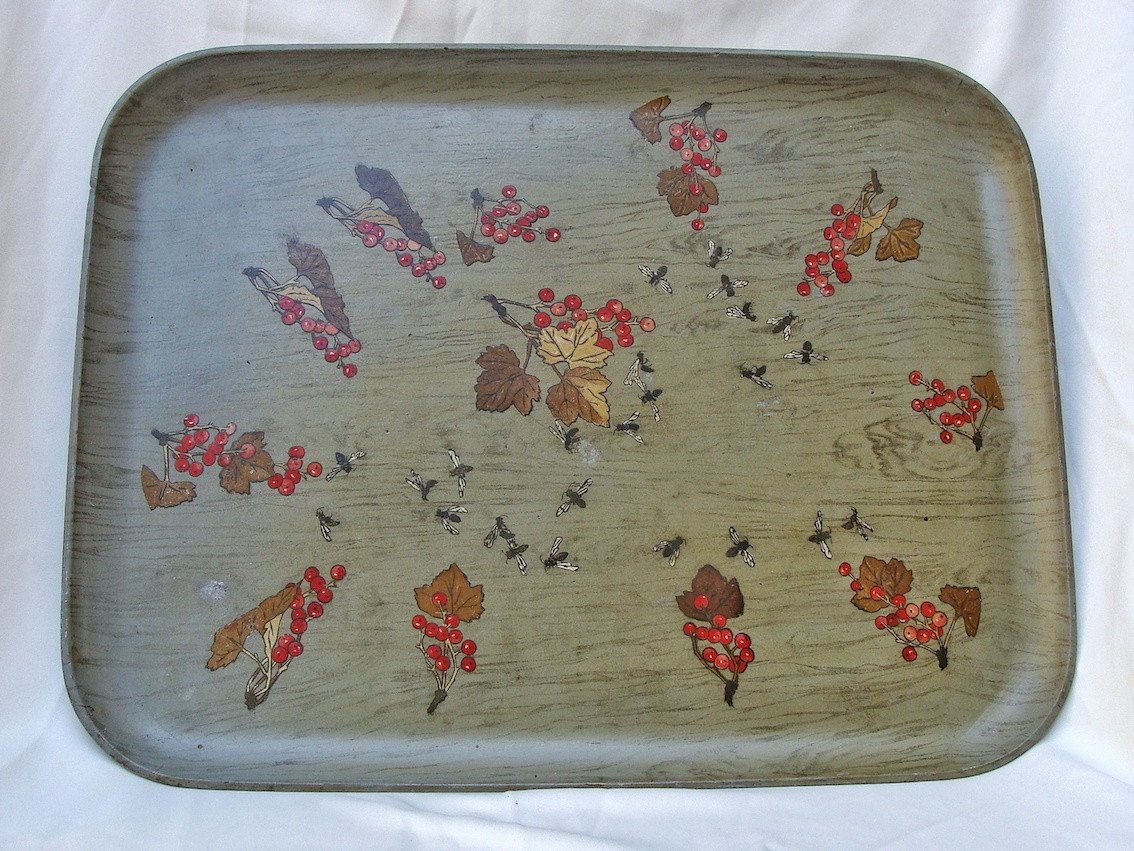 Art Nouveau - Large Gooseberry Serving Tray Guepes Signe Signed Tray