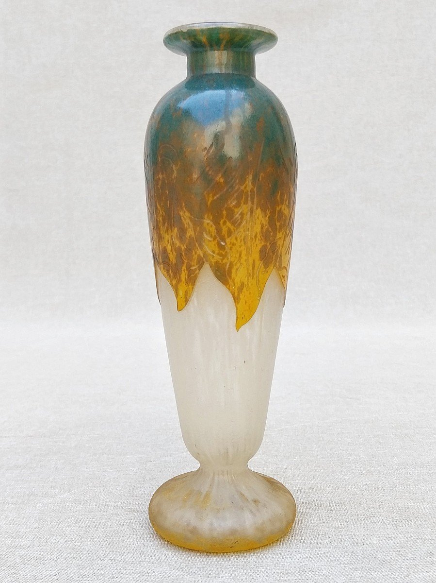 Le Verre Français Vase Art Déco Pâte De Verre Modèle Feuilles d'Oseille Glass Vase Berlingot