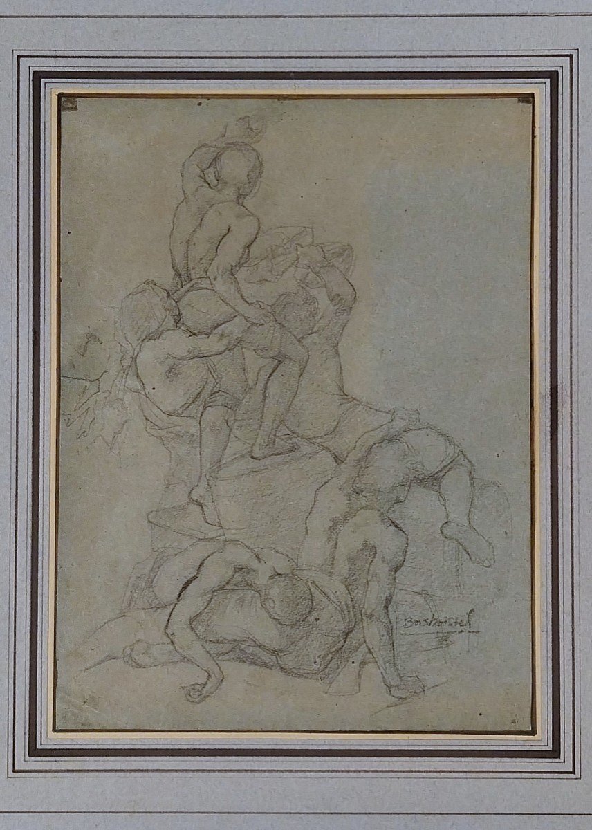 Dessin Au Crayon d'Après Le Radeau De La Méduse De Gericault Signé Boisboissel Cadre Bois Doré-photo-3