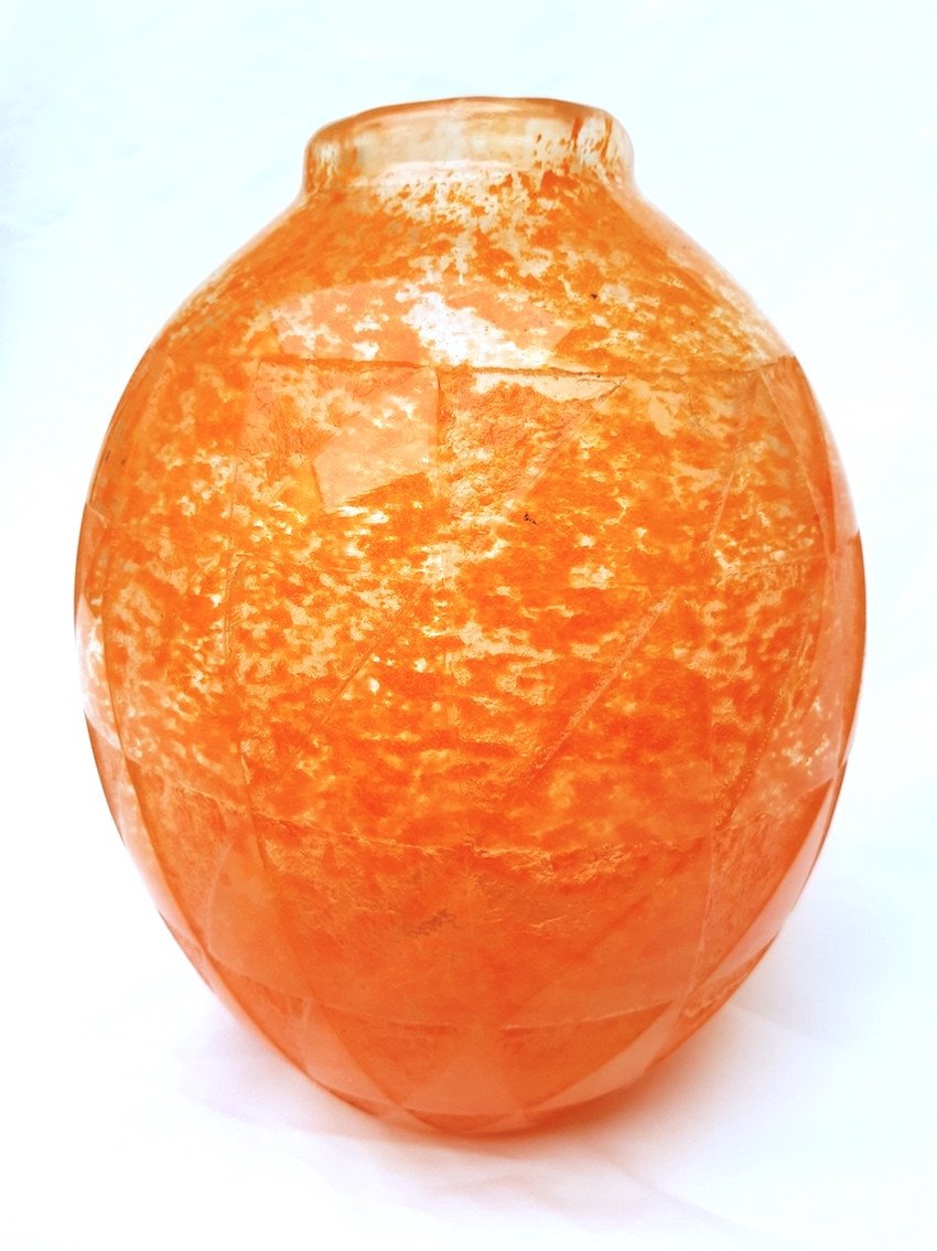 Grand Vase Art Deco 1930 Pate De Verre Orange Gravure Acide Signé Degué Motifs Géométriques-photo-6