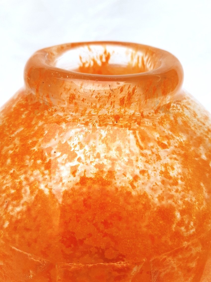 Grand Vase Art Deco 1930 Pate De Verre Orange Gravure Acide Signé Degué Motifs Géométriques