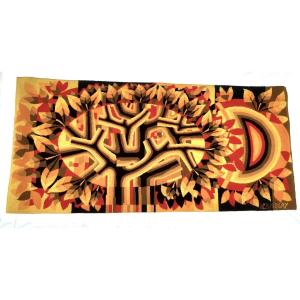 Large Modernist Design Tapestry Tree And Setting Sun Signed And Numbered - Jc Bissery