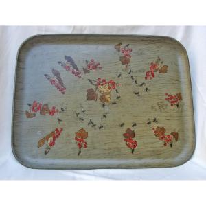 Art Nouveau - Grand Plateau De Service Aux Groseilles Guepes Signe Signed Tray