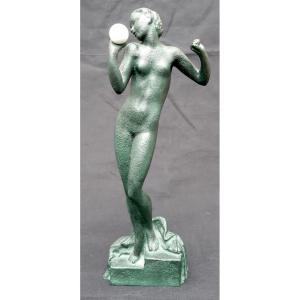 Art Deco Bronze Sculpture 1930 Signed Le Faguays Nude Woman Nymph With Ball Fayral Guerbe