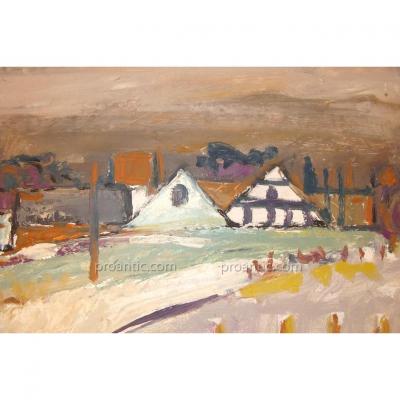 Krillé Jean - Snowy Swiss Village Landscape - Oil On Panel Painting