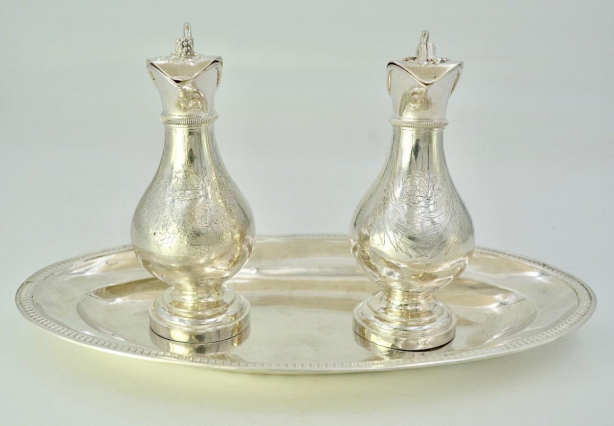 Burettes Et Leur Plateau En Argent, France Vers 1820 -photo-2