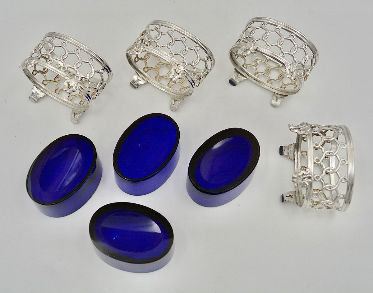 Set: Four Salerons In Silver And Blue Crystal, By Turquet Orfèvre Circa 1855-photo-1