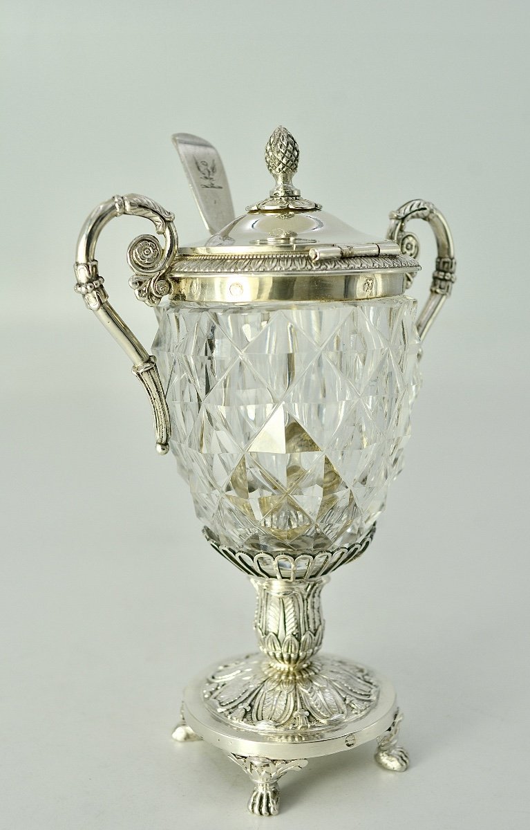 Silver And Crystal Mustard Pot, France 1819-1838-photo-2