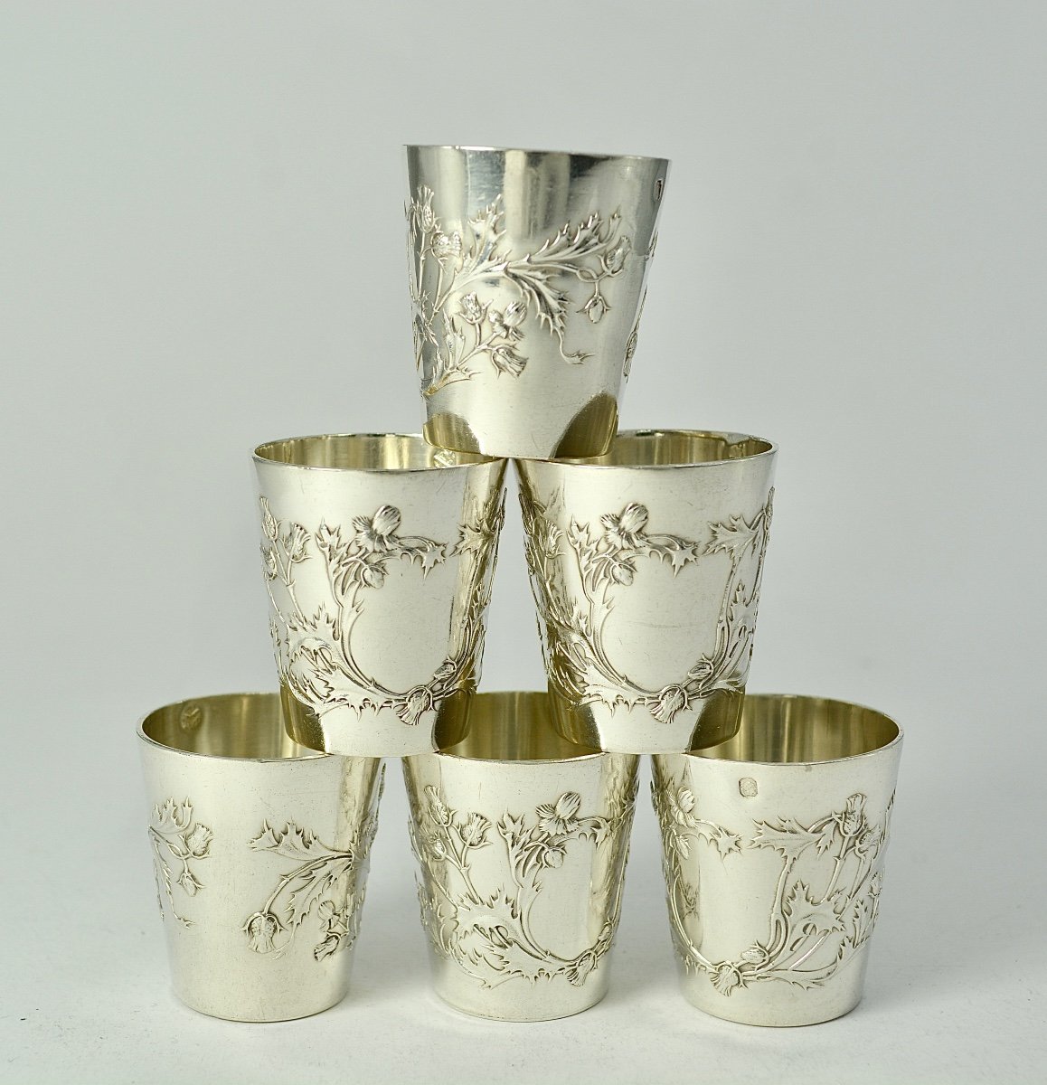 Art Nouveau. Six Liqueur Glasses In Silver France Circa 1900-photo-2