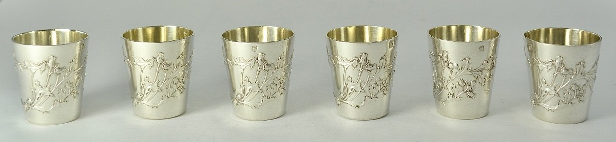 Art Nouveau. Six Liqueur Glasses In Silver France Circa 1900