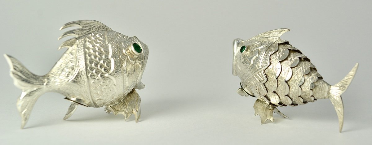 Fish Shape Spice Boxes, Silver Spain, Mid 20th Century-photo-2