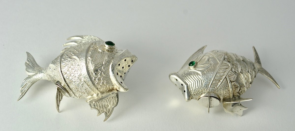 Fish Shape Spice Boxes, Silver Spain, Mid 20th Century-photo-4