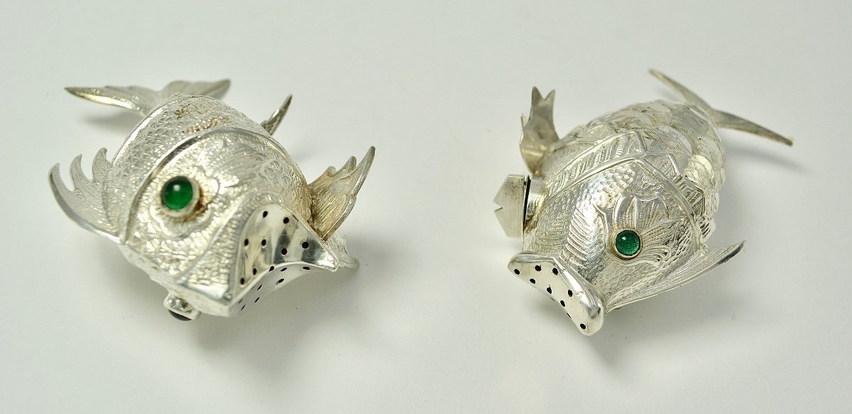 Fish Shape Spice Boxes, Silver Spain, Mid 20th Century-photo-2