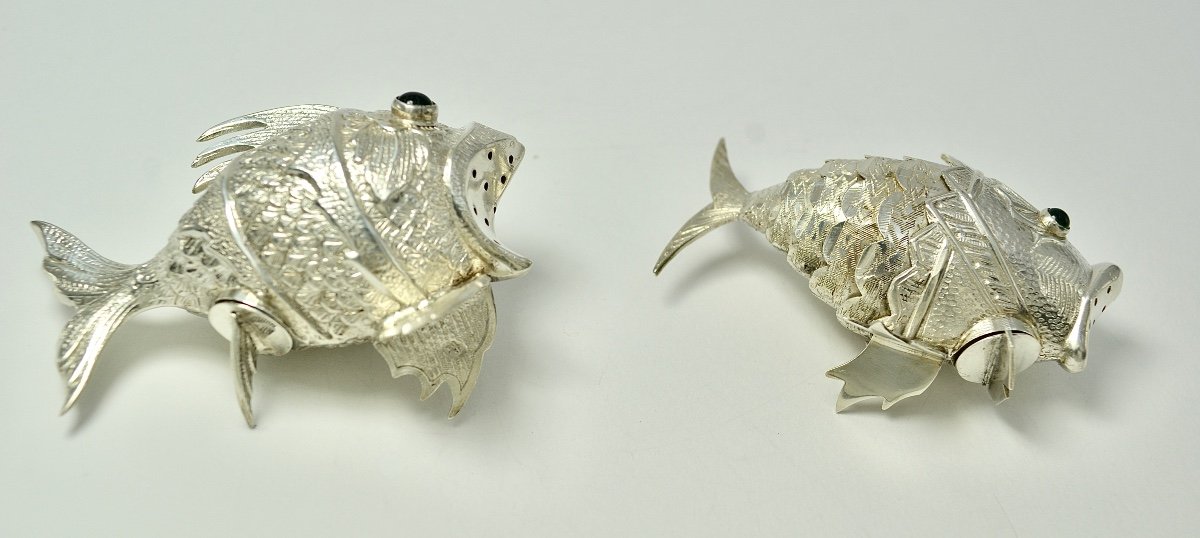 Fish Shape Spice Boxes, Silver Spain, Mid 20th Century-photo-5