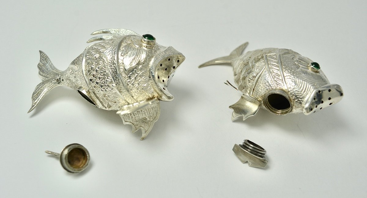 Fish Shape Spice Boxes, Silver Spain, Mid 20th Century-photo-6