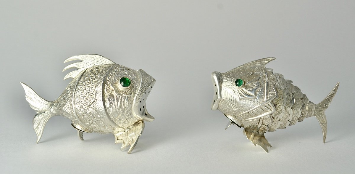 Fish Shape Spice Boxes, Silver Spain, Mid 20th Century