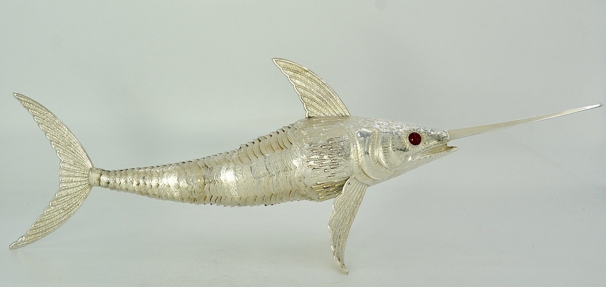 Articulated Swordfish Fish In Silver Spain Mid 20th Century -photo-2