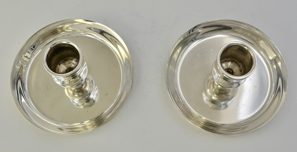 Hermes Paris. Pair Of Toilet Candlesticks, Silver Metal. -photo-3