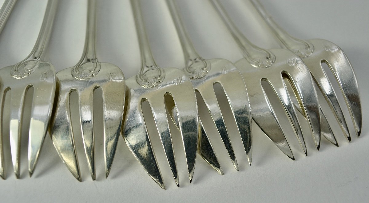 Puiforcat. Twelve Oyster Forks In Silver, France 19th Century -photo-1