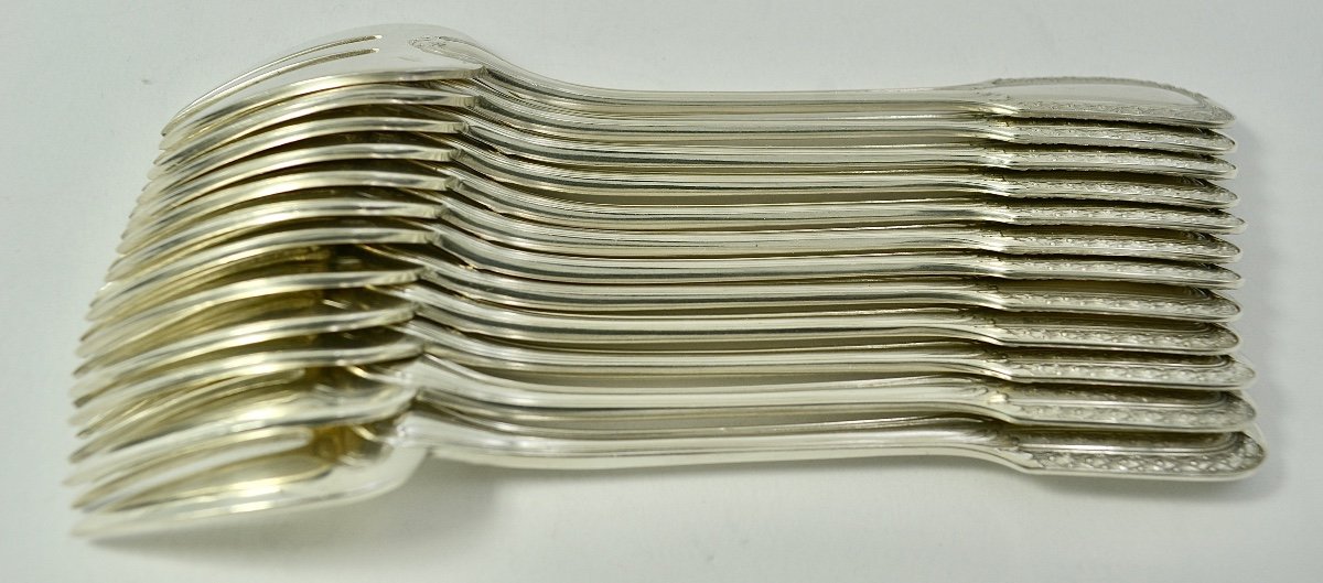 Puiforcat. Twelve Oyster Forks In Silver, France 19th Century -photo-5